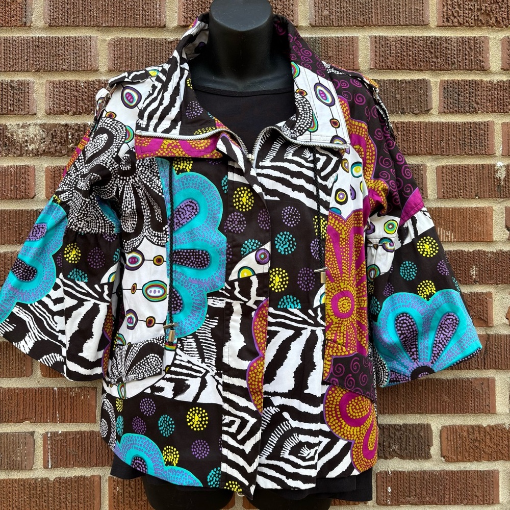 Just B Jacket Womens Large Multicolor Retro Full Front Zip Up Cotton Colorful